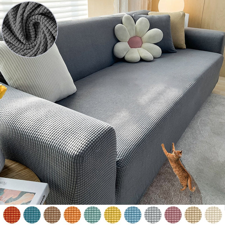 Example of textured stretch slipcover preventing pet hair and scratches on upholstery