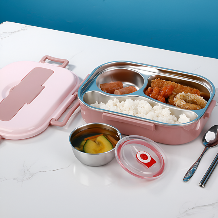 Thermal stainless steel lunch box with multiple compartments, showing food separation, for meal prep.
