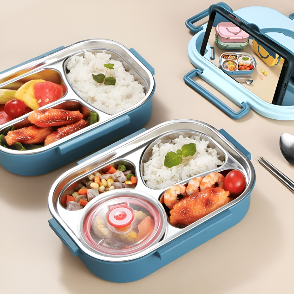 Leak-proof thermal stainless steel food container, portable for office lunch, with secure clasps.