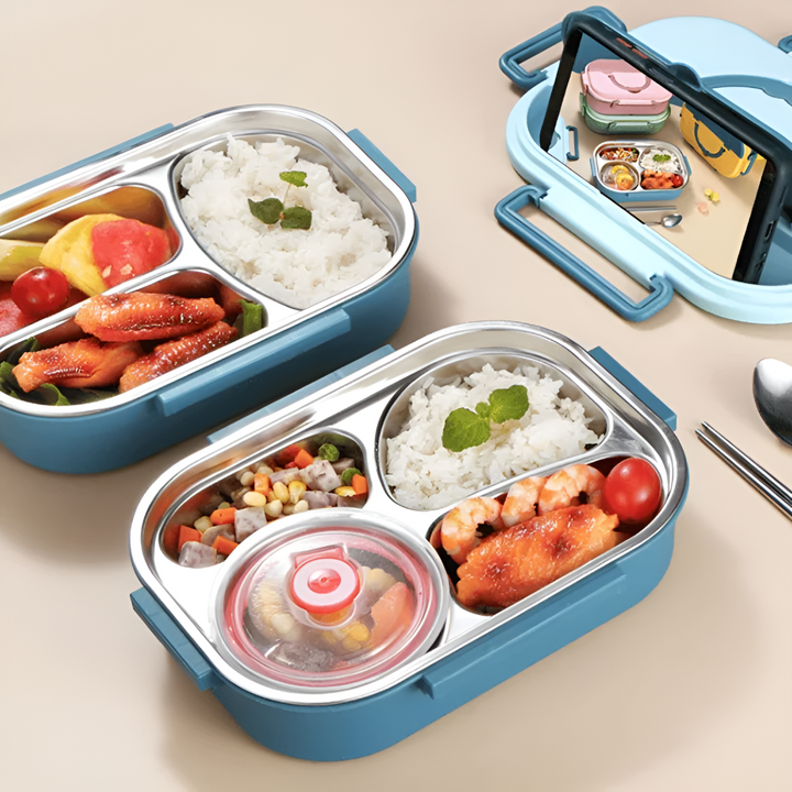Leak-proof thermal stainless steel food container, portable for office lunch, with secure clasps.