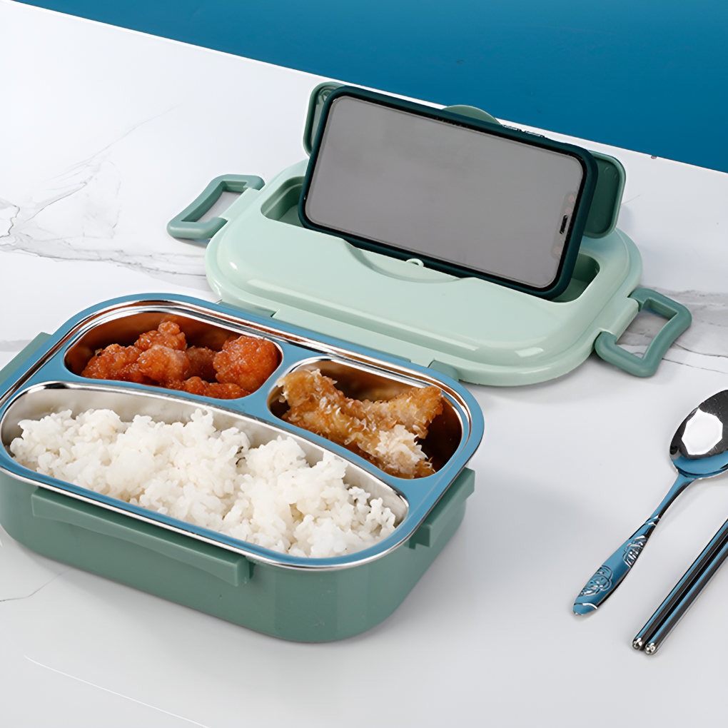 Stylish thermal stainless steel lunch box, multi-compartment design, perfect for travel and office.