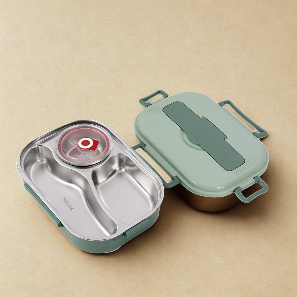 Thermal stainless steel lunch box with individual compartments, perfect for varied meals.