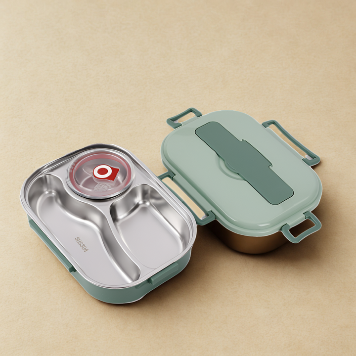 Thermal stainless steel lunch box with individual compartments, perfect for varied meals.