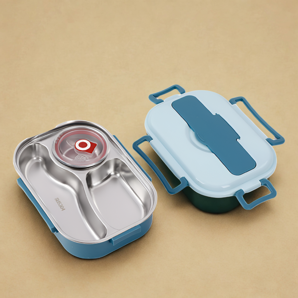 Compact thermal stainless steel food container, leak-proof design, for on-the-go meals.