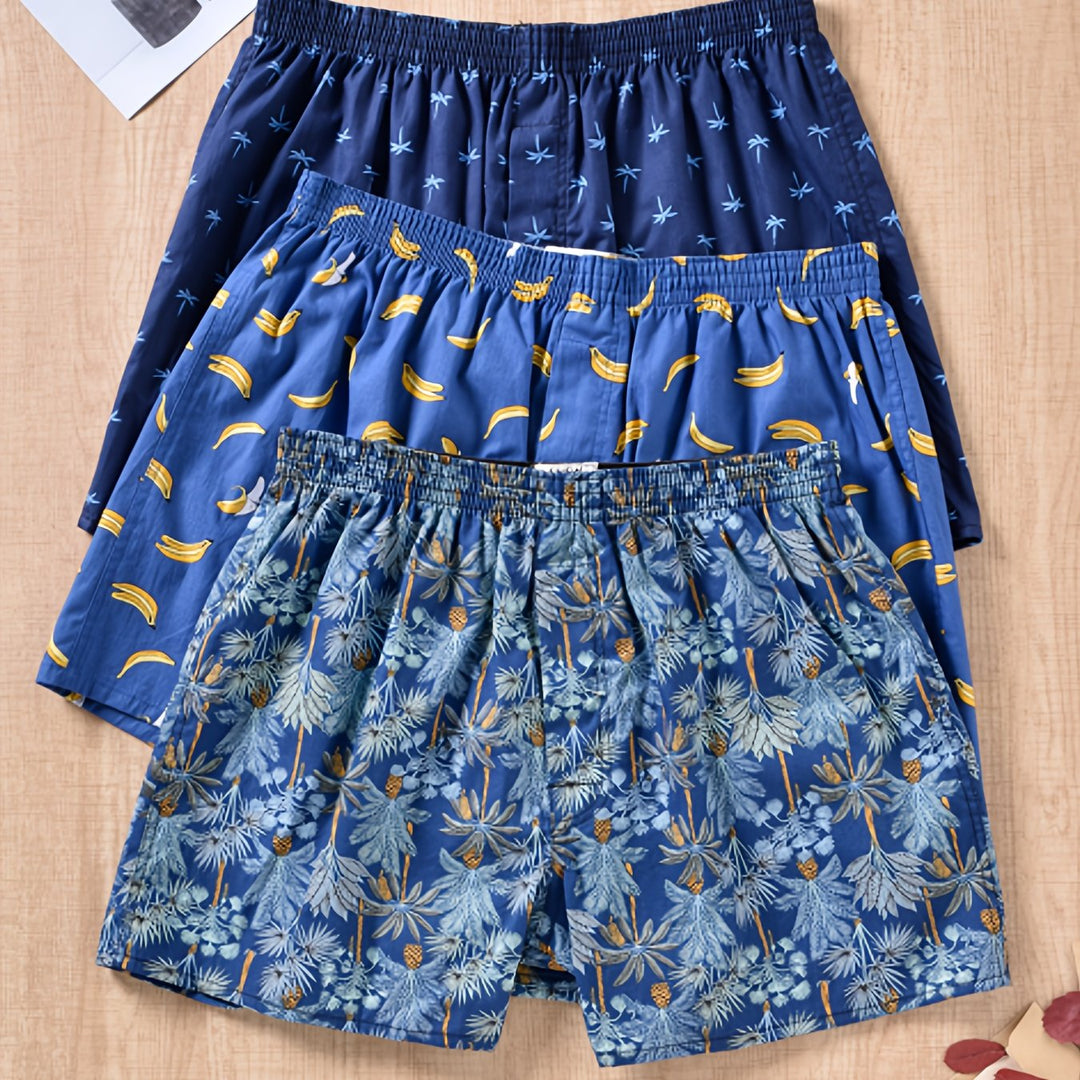 Three pairs of men's cotton boxer shorts in plant print, comfort fit for daily wear