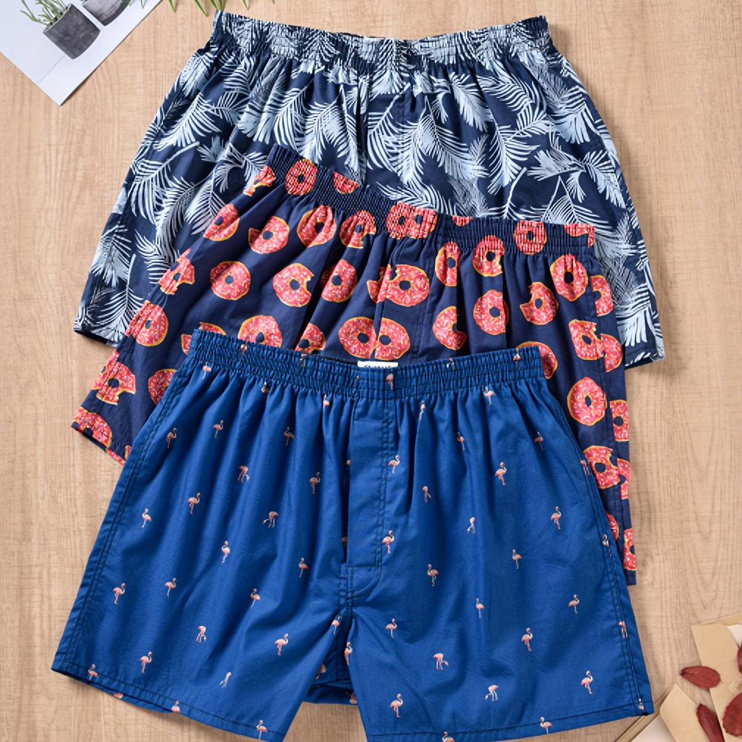 Multipack of men's cotton boxer shorts with diverse plant print designs, new and comfortable