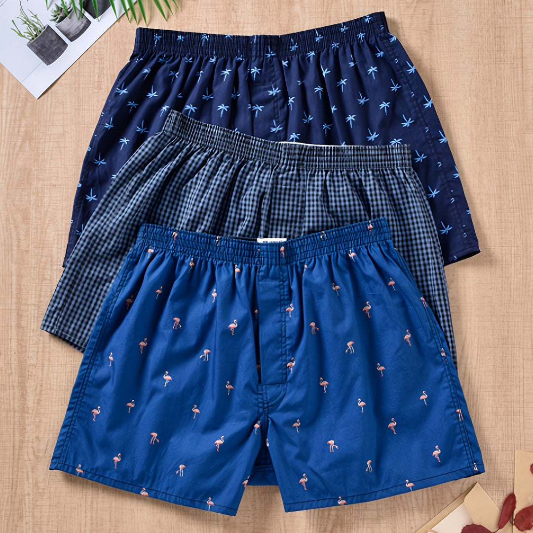 Folded new men's cotton boxer shorts, showing soft fabric and stylish plant print design