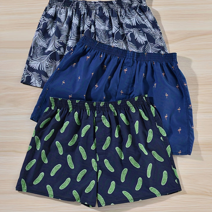 Men's comfort fit cotton boxer shorts with an all-over plant motif, ideal for daily wear