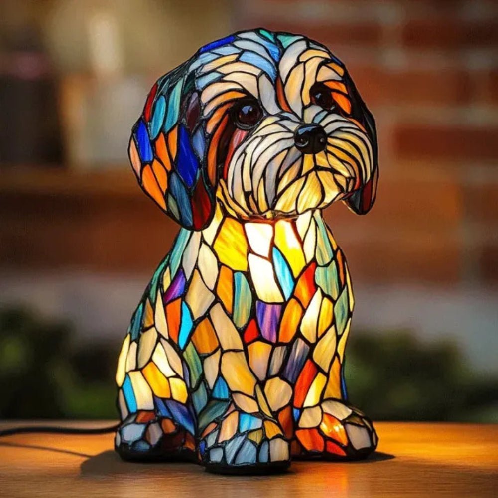 Artistic Tiffany style stained glass dog table lamp, perfect accent lighting for animal lovers.