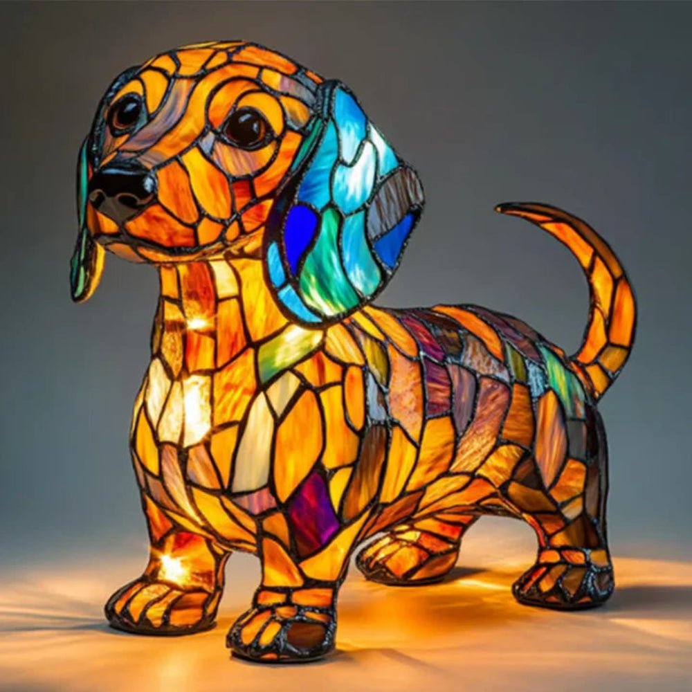 Unique LED stained glass dog lamp, a beautiful Tiffany style pet lighting desk lamp gift.