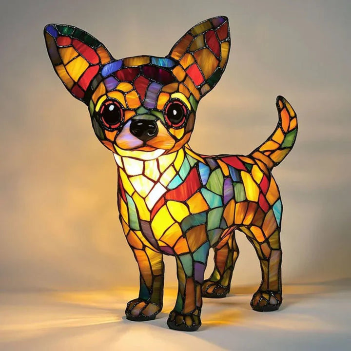 Elegant stained glass dog lamp in Tiffany style, ideal home decor for pet enthusiasts.