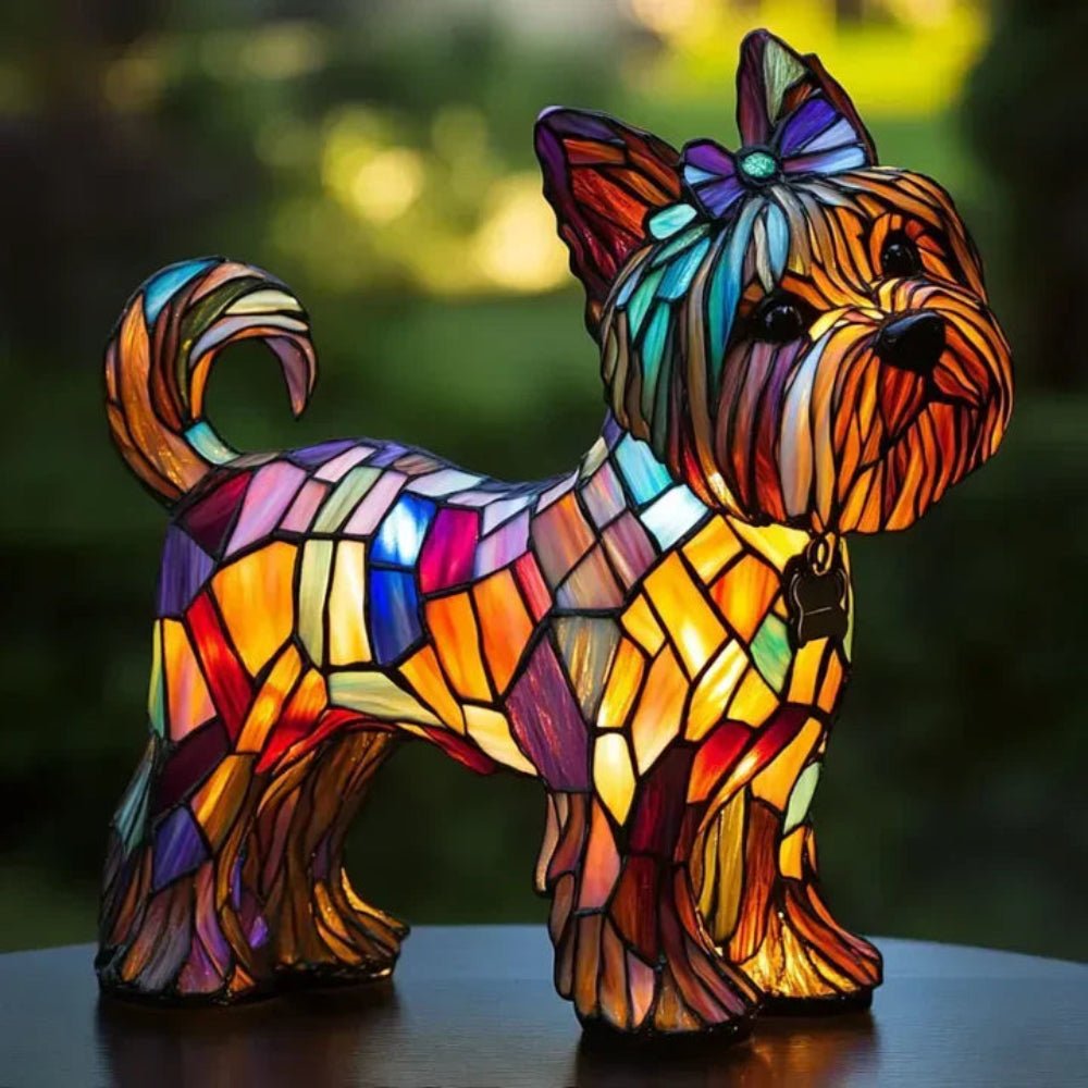 Handcrafted Tiffany style stained glass dog lamp, a unique table lamp for any animal lover.