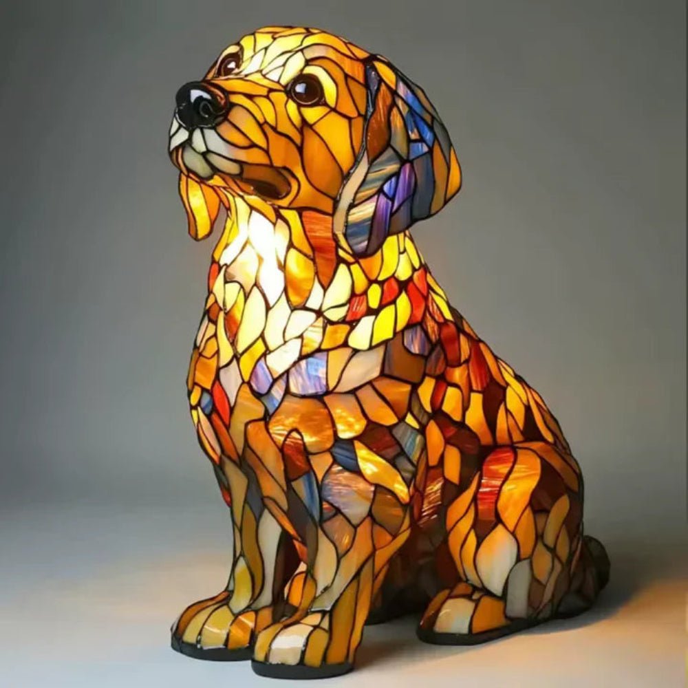 Decorative stained glass dog lamp, Tiffany style accent lighting for modern home decor.