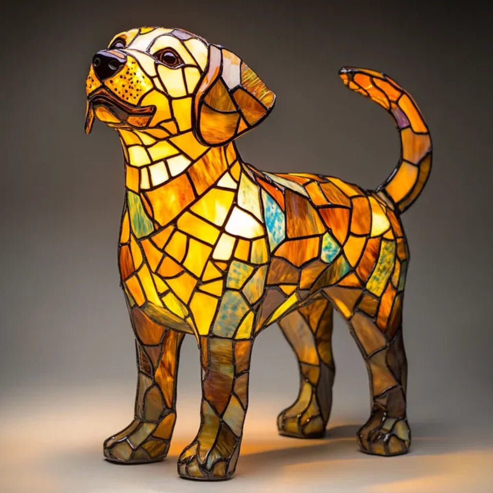 Charming Tiffany style pet lighting: a stained glass dog lamp, perfect as a unique desk lamp.