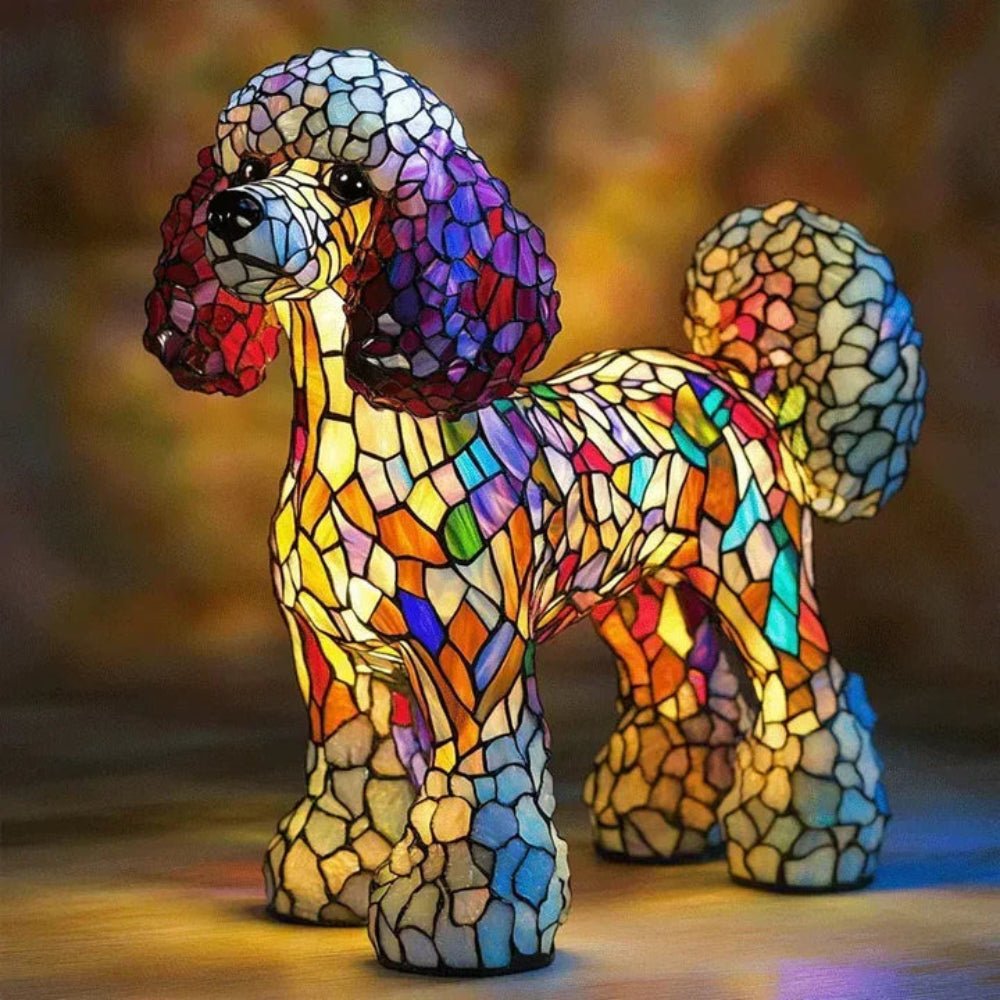 Colorful stained glass dog table lamp, Tiffany style, brings warmth & charm to any home decor.