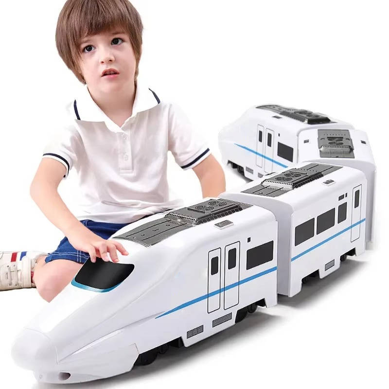 Toddler's interactive electric train toy set with colorful lights, realistic sounds, and spinning top for engaging play.