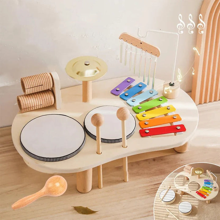 Toddlers' Montessori wooden drum kit & xylophone play set for early musical and motor skill development.