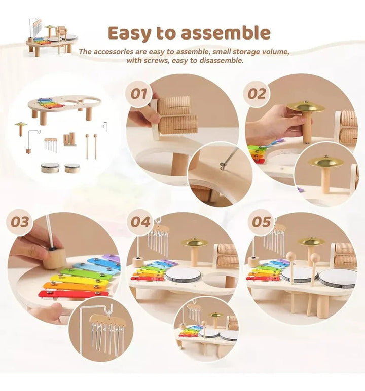 Colorful wooden drum kit for toddlers, a Montessori musical toy promoting rhythm and creative play.
