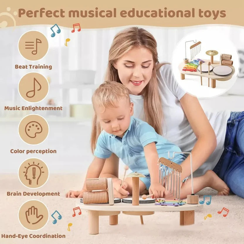 Toddler's wooden xylophone, part of a Montessori musical set, ideal for early learning and sound exploration.