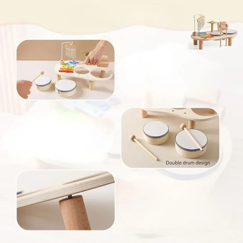 Durable wooden Montessori musical drum kit and xylophone set for toddlers, safe for early childhood play.
