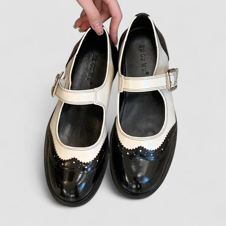Classic black & white two-tone Mary Jane orthopedic shoes by Tracy London, designed for women's comfort and style.