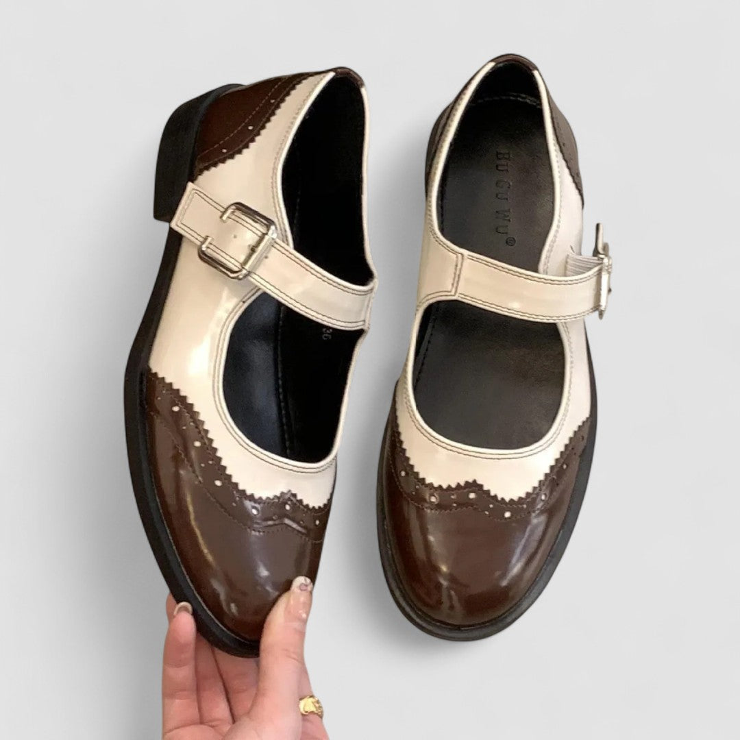 Women's vintage-inspired orthopedic Mary Jane flats with adjustable buckle, offering comfort and support for daily wear.