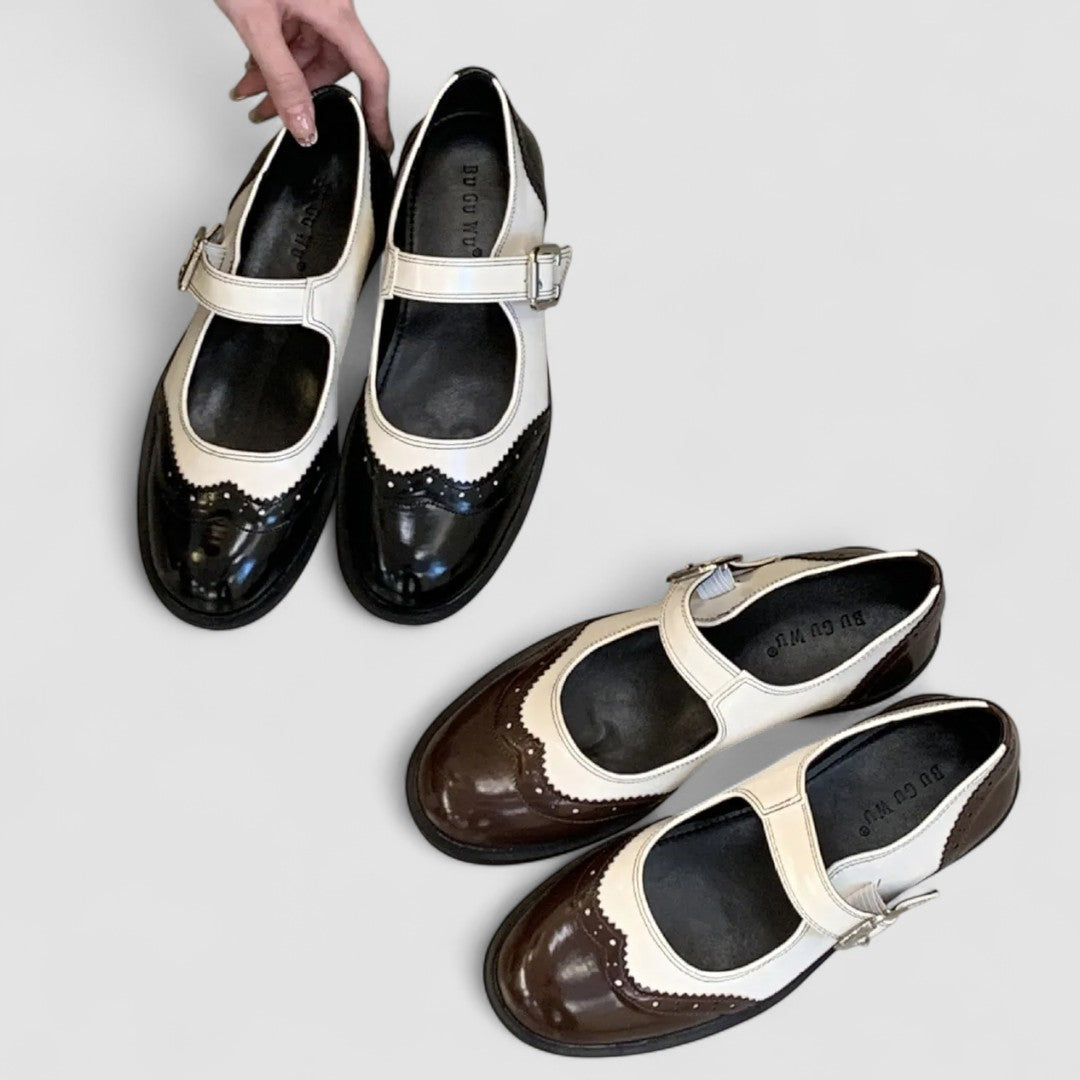 Orthopedic Mary Jane flat shoes for women with a buckle strap, Tracy London vintage-style for all-day comfort.