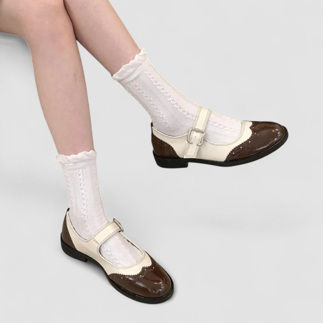 Everyday wear two-tone Mary Jane orthopedic shoes for women by Tracy London, classic style with comfort features.