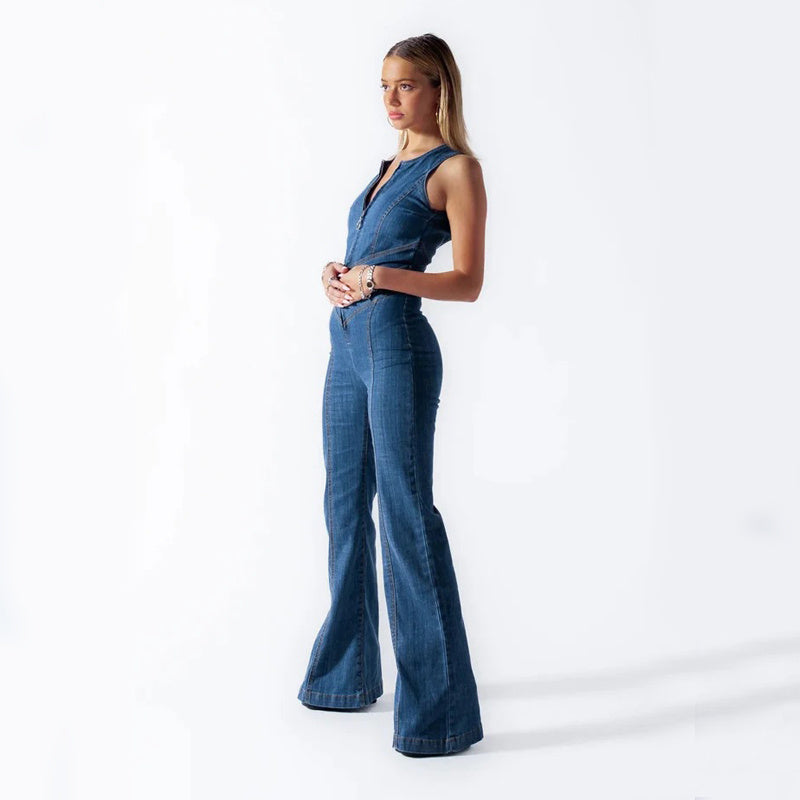 Fashionable blue women's jumpsuit, designed with a flattering silhouette, a chic and stylish apparel choice.