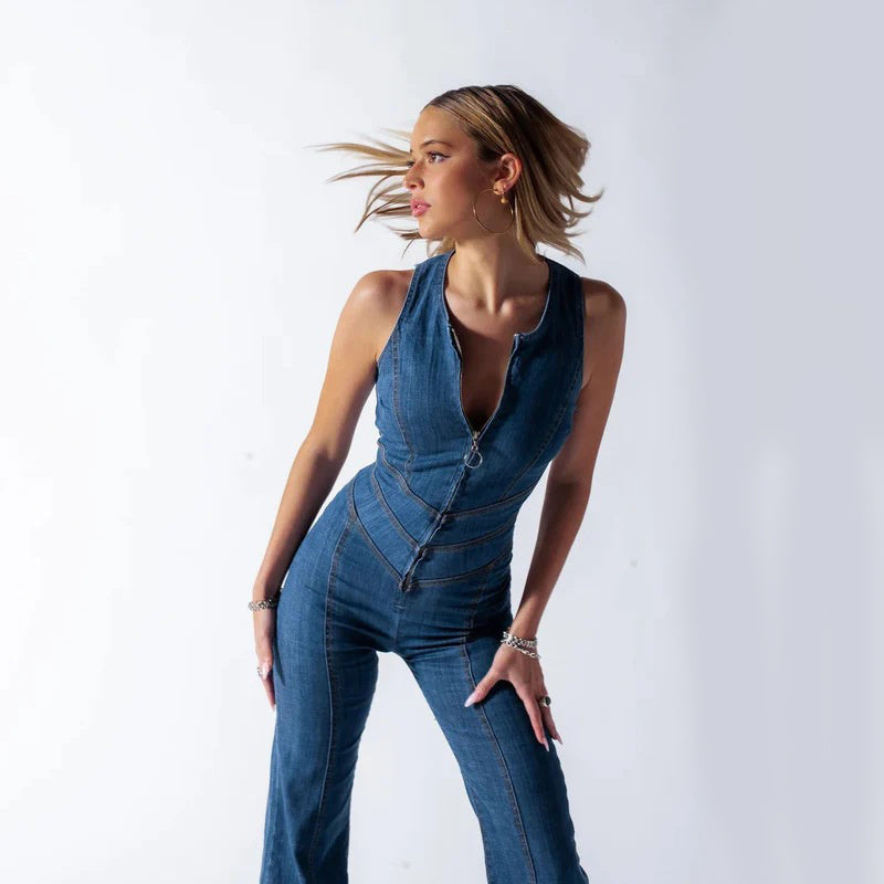 Elegant blue women's jumpsuit with a trendy design, offering a flattering fit and versatile style for women.