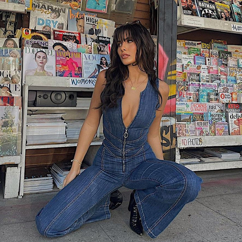Blue women's jumpsuit with a flattering fit, a stylish and elegant one-piece perfect for any trendy occasion.