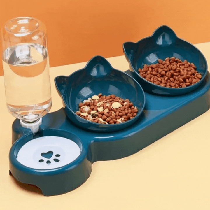 Triple cat feeding bowl with anti-slip base for food, water, and snacks. Durable pet feeder for cats.