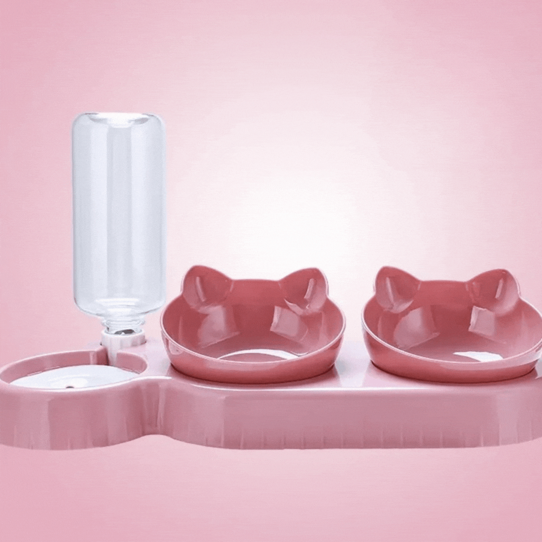 Anti-slip cat bowl set: three sections for food, water & snacks. Secure pet feeder for feline dining.