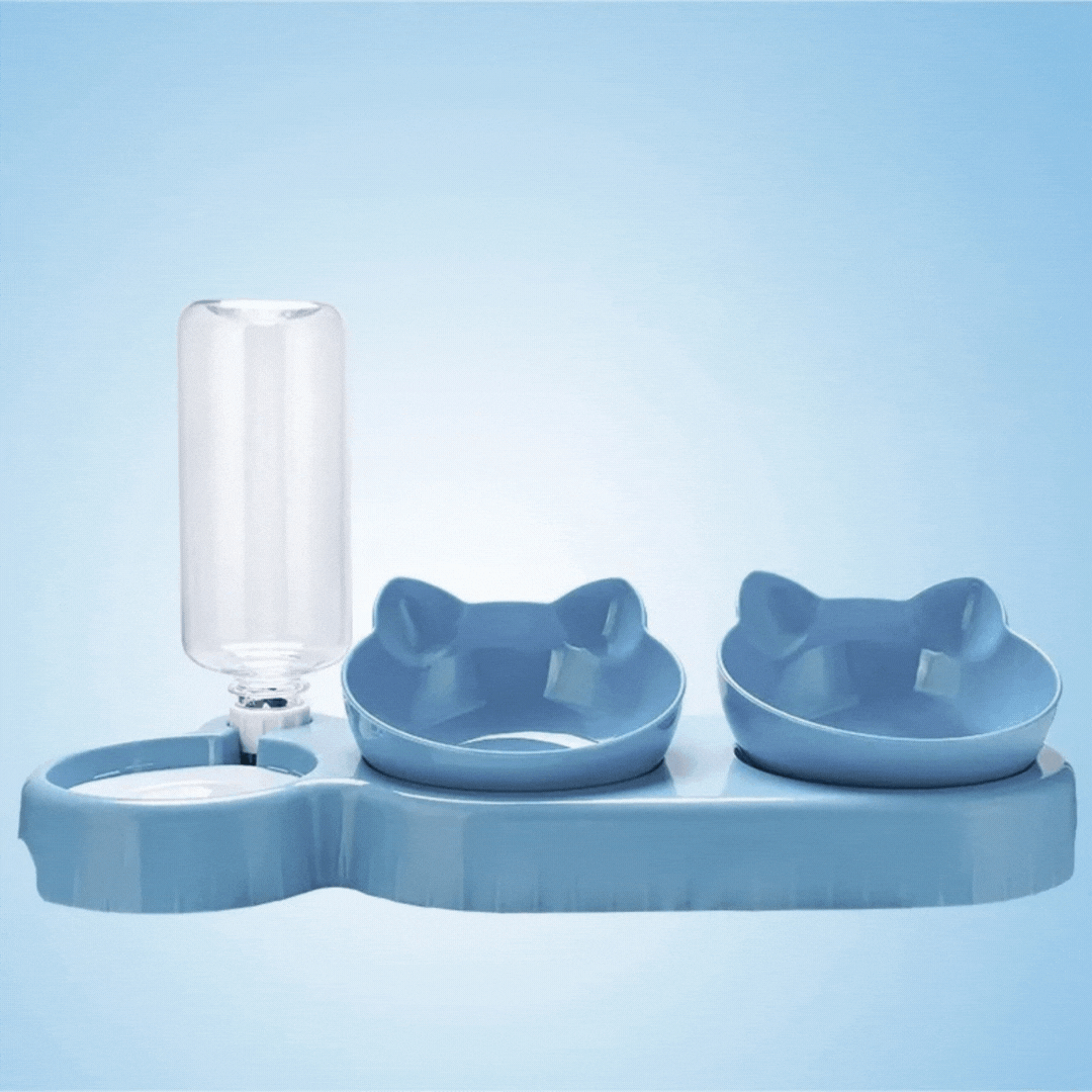 Anti-slip triple pet feeder bowl for cats. Separate compartments for food, water, and snacks. Easy to clean.