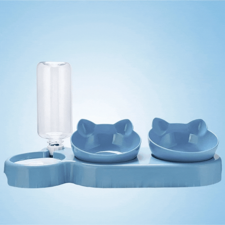 Anti-slip triple pet feeder bowl for cats. Separate compartments for food, water, and snacks. Easy to clean.
