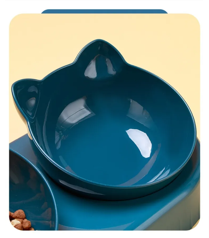 Ergonomic triple cat bowl with anti-slip design for food, water & snacks. Multi-purpose pet accessory.
