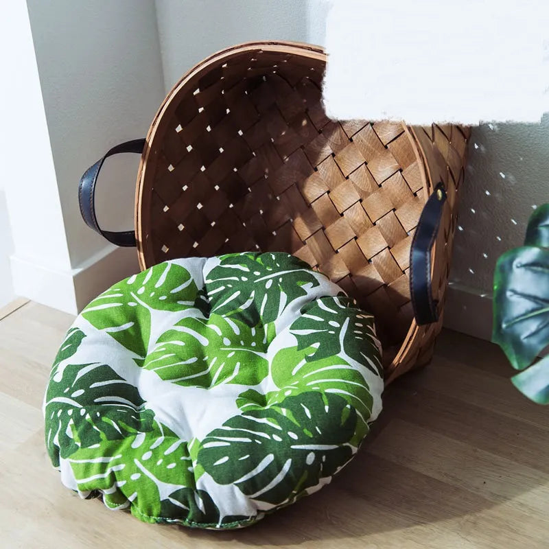 Vibrant Monstera leaf pattern floor cushion, soft and easy-clean cat bed, perfect for pet comfort and tropical home decor.