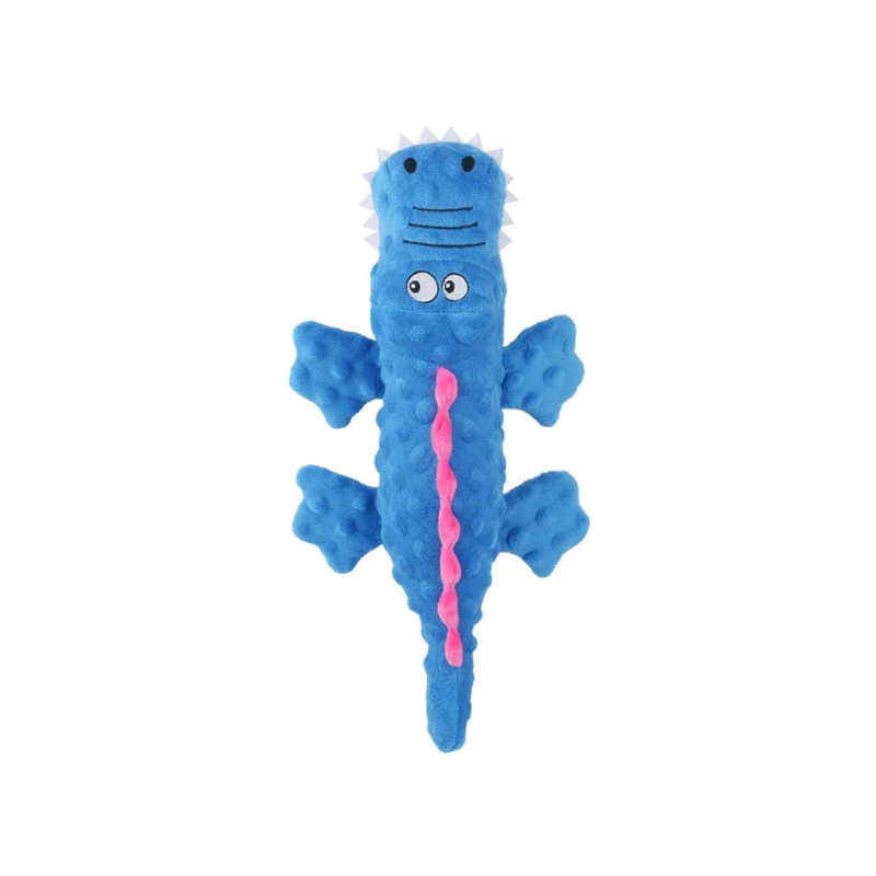 Interactive plush dog toy with an internal squeaker, providing stimulating fun for puppies and adult dogs. Durable chew toy.