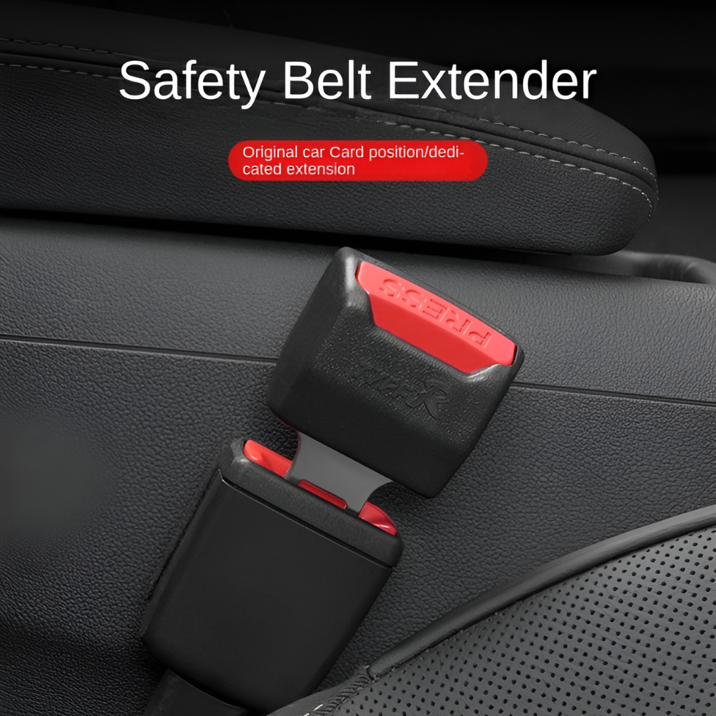 Two universal car seat belt extenders, black, designed for enhanced safety and comfort in automobiles.