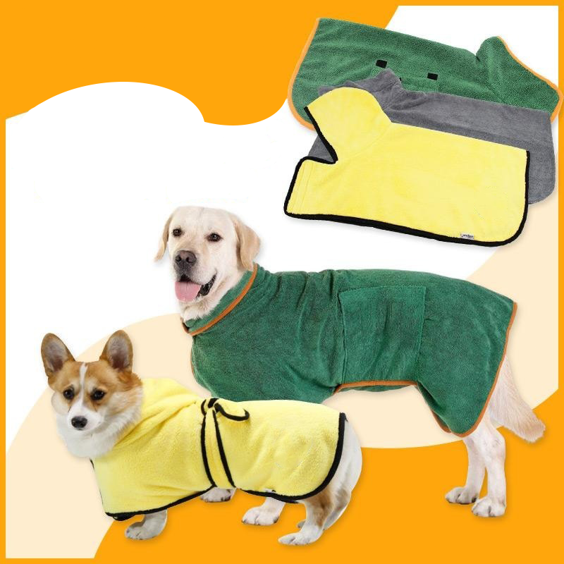 Ultra-absorbent dog drying robe in soft microfibre, perfect for quick post-bath drying and pet comfort.