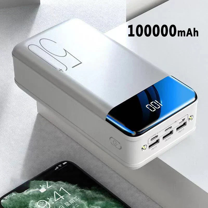 High capacity fast charging power bank. Portable USB-C charger for multiple devices, ideal for travel & emergency backup.