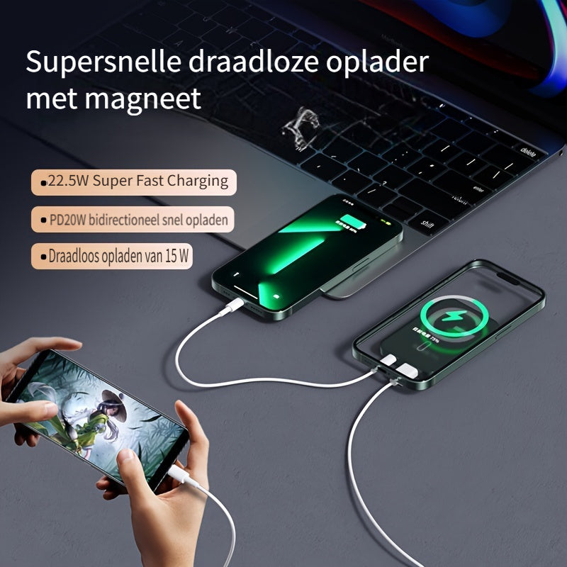 Slim magnetic power bank with LED display, 10000mAh, offering super fast wireless charging.