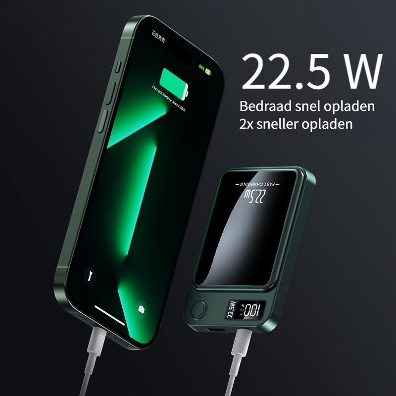 Magnetic wireless charger with USB-C, 10000mAh, an ultra slim portable power bank accessory.