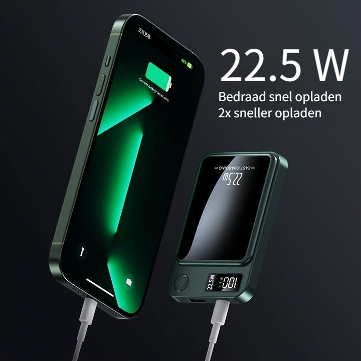 Magnetic wireless charger with USB-C, 10000mAh, an ultra slim portable power bank accessory.
