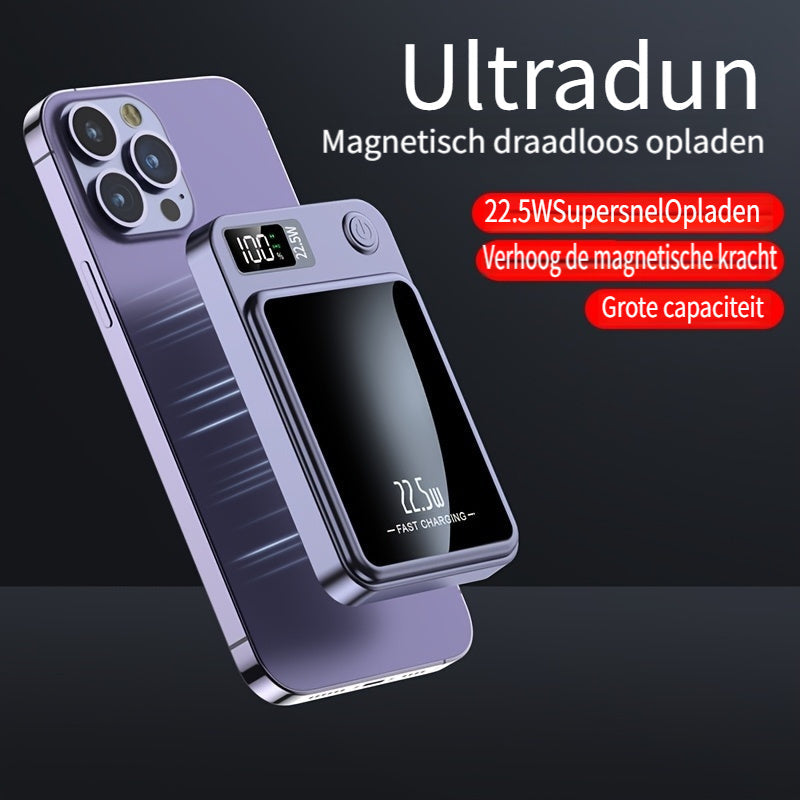 Portable magnetic power bank, ultra slim, 10000mAh, a travel essential for fast wireless charging.
