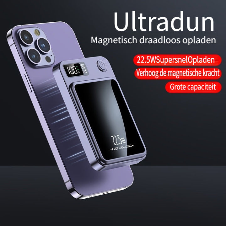 Portable magnetic power bank, ultra slim, 10000mAh, a travel essential for fast wireless charging.