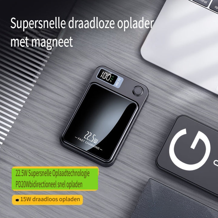 Ultra slim magnetic power bank for wireless charging, 10000mAh, a sleek tech gadget with LED display.