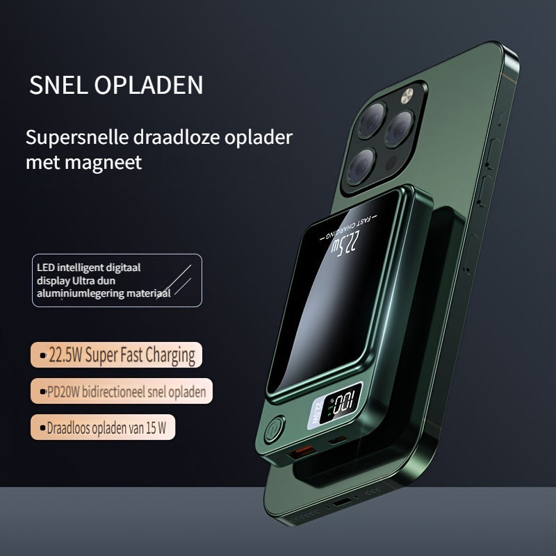 Innovative tech gadget: slim magnetic power bank with super fast wireless charging, portable & powerful.