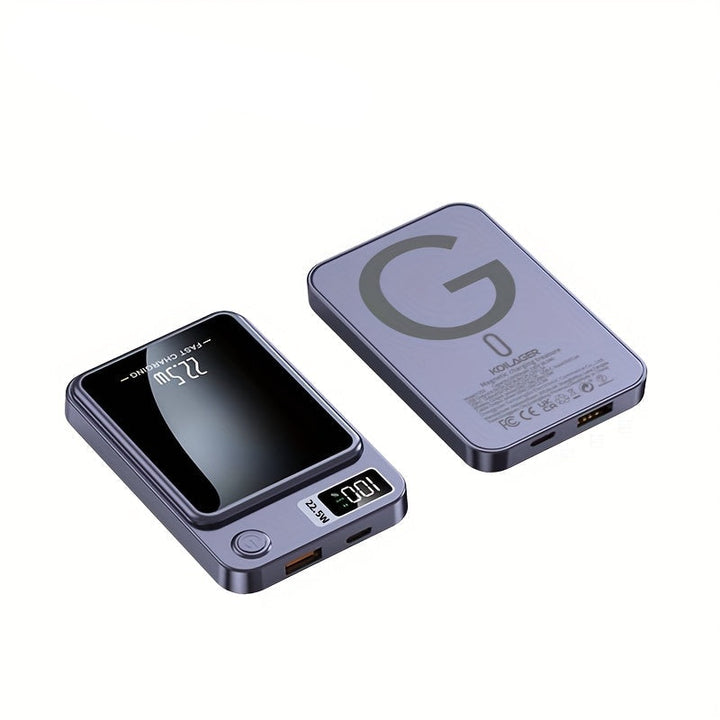 Wireless magnetic power bank, 10000mAh, ultra slim, fast charging for all mobile power devices.