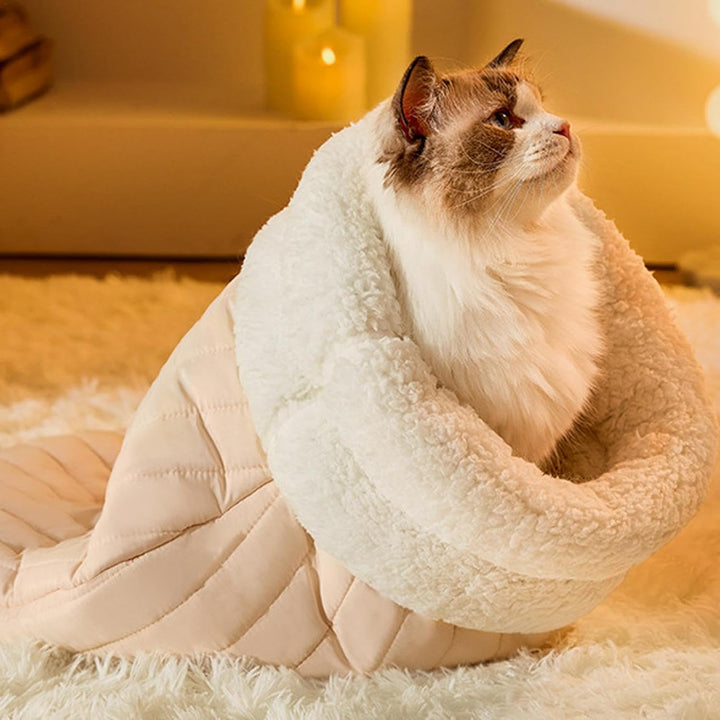 Ultra-soft cat cave sleeping bag in plush gray, providing cozy comfort for felines. Washable pet bed.